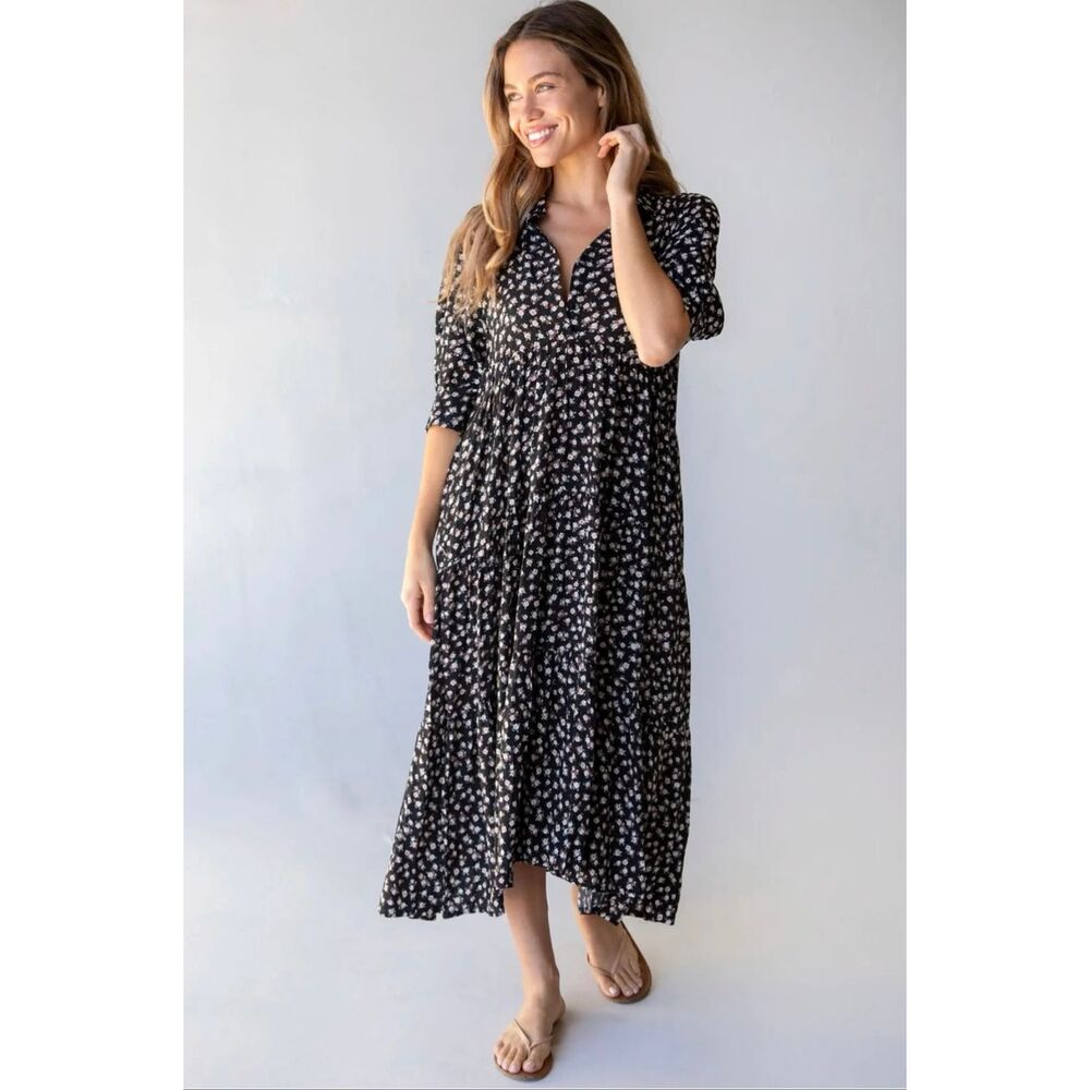 Natural Life Rebecca Midi Dress in Black With Cream Roses Size XL